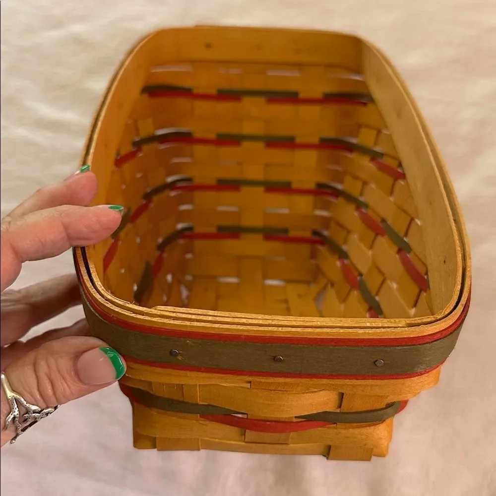 Longaberger Wooden Vegetable Basket Sleigh Shaped with Plastic and Fabric Liners